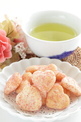 Japanese food, heart shaped rice cracker on dish for wagashi