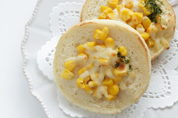 Fototapeta premium Sweet corn and cheese toasted English muffin sandwich