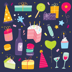 Set of cute hand drawn birthday design element, suitable for card design, scrapbooking etc