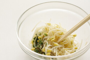Korean cooking, boiled soy bean sprout and seasoning, green onion