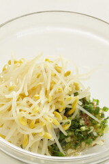 Korean cooking, boiled soy bean sprout and seasoning, green onion