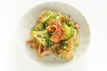 Korean food, broccoli and kimchi stir fried with cabbage and pork