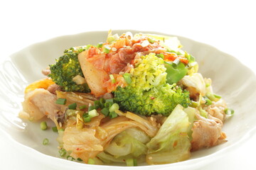 Korean food, broccoli and kimchi stir fried with cabbage and pork