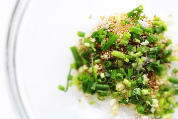 Korean cooking, sugar, soy sauce and green onion for mixed seasoning