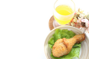 fried chicken on lettuce with copy space