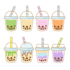 Bubble tea flavors cup design collection, Pearl milk tea, Yummy drinks, Taiwan milk tea, Boba Bubble Milk Tea, Cute Sticker, Vector Illustration