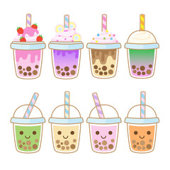 Bubble tea flavors cup design collection, Pearl milk tea, Yummy drinks, Taiwan milk tea, Boba Bubble Milk Tea, Cute Sticker, Vector Illustration