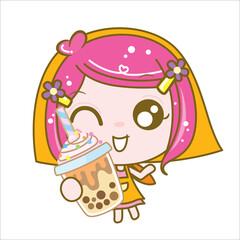 Character Cartoon love Boba Bubble Milk Tea, Pearl milk tea, Yummy drinks, Taiwan milk tea, Boba Bubble Milk Tea, Cute Sticker, Vector Illustration