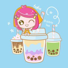 Character Cartoon love Boba Bubble Milk Tea, Pearl milk tea, Yummy drinks, Taiwan milk tea, Boba Bubble Milk Tea, Cute Sticker, Vector Illustration