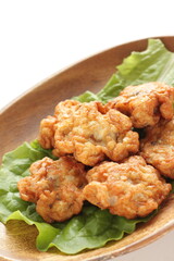 Chinese food, fish cake on lettuce with copy space