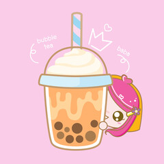 Character Cartoon love Boba Bubble Milk Tea, Pearl milk tea, Yummy drinks, Taiwan milk tea, Boba Bubble Milk Tea, Cute Sticker, Vector Illustration