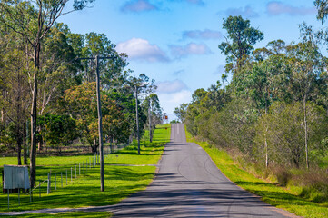 Asphalt country road (Schilling Road, Calliope) in queensland, with telephone poles and lines running alongside