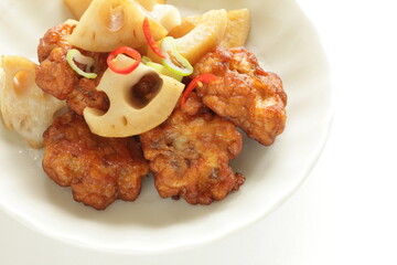 Lotus root and fish cake stir fired for asian food
