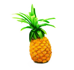 Yellow Pineapple fruit on white background. Whole pineapple with green leaves digital illustration. Juicy ripe exotic fruit isolated. Juice package element. Tropical fruit photo clipart. Natural food