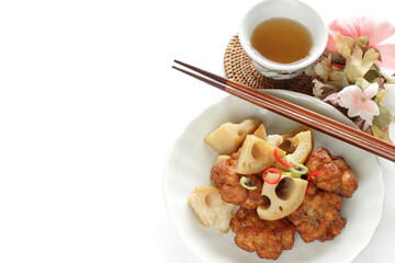 Lotus root and fish cake stir fired for asian food
