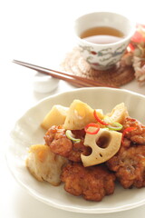 Lotus root and fish cake stir fired for asian food
