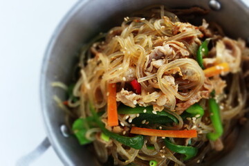 Korean food, homemade Japchae glass noodles and vegetable stir fried
