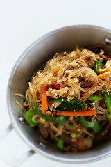 Korean food, homemade Japchae glass noodles and vegetable stir fried