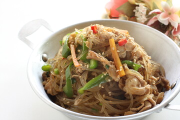 Korean food, homemade Japchae glass noodles and vegetable stir fried