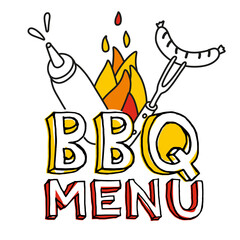BBQ menu. The inscription with the image of a bonfire, sausage and sauce.