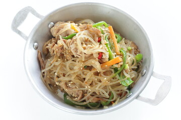 Korean food, homemade Japchae glass noodles and vegetable stir fried