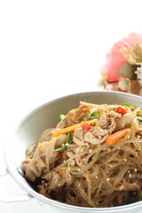 Korean food, homemade Japchae glass noodles and vegetable stir fried