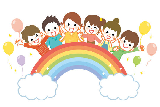 Illustration of energetic kids with a rainbow