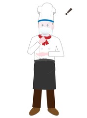 新型コロナウイルスの感染予防のフェイスシールドをして仕事をしているコックのポーズ。