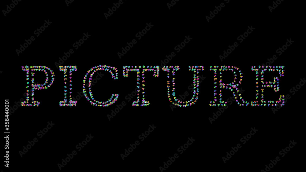 Poster picture: 3d illustration of the text made of small objects over a black background with shadows. whi