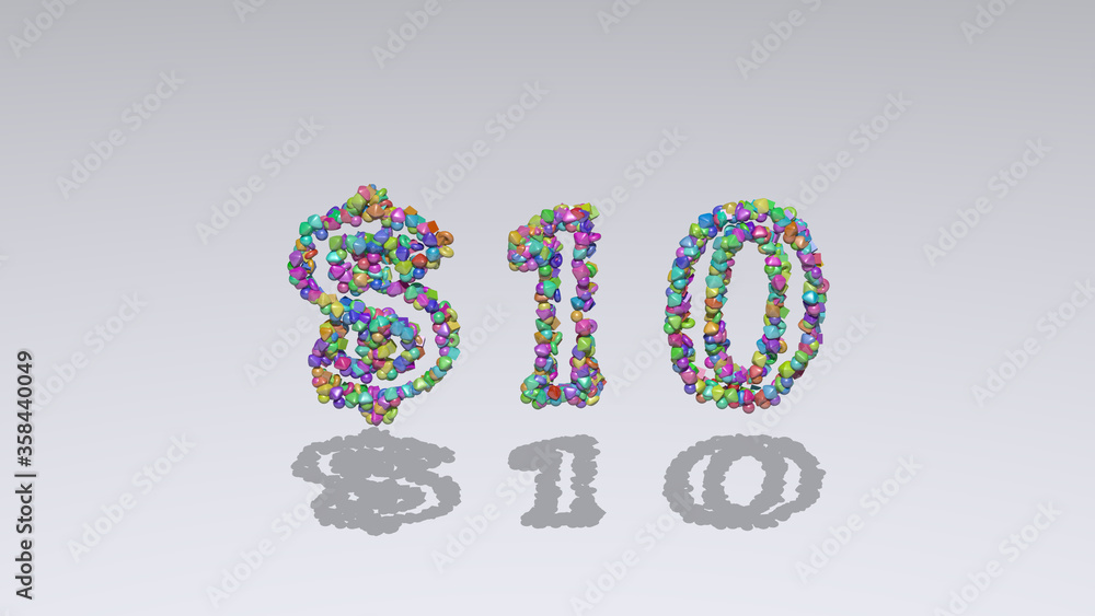 Poster $ written in 3d illustration by colorful small objects casting shadow on a white background. letters