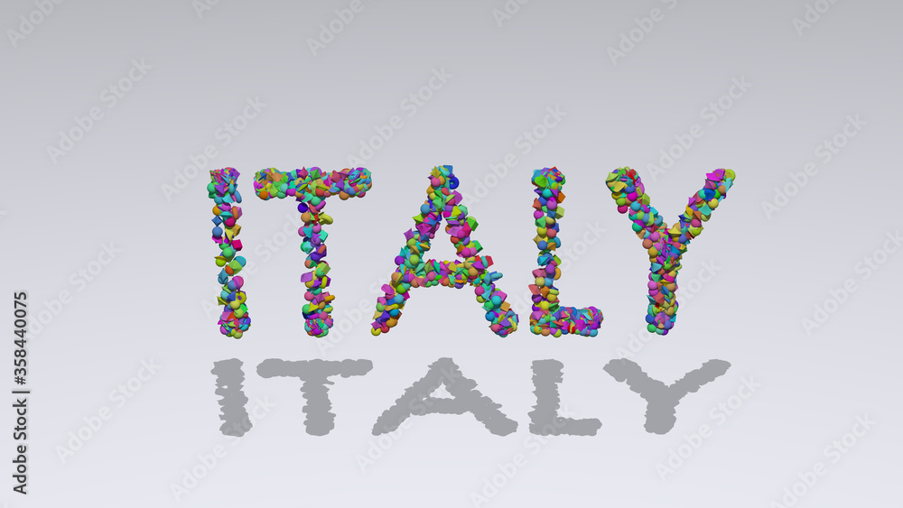 Poster italy written in 3d illustration by colorful small objects casting shadow on a white background. car