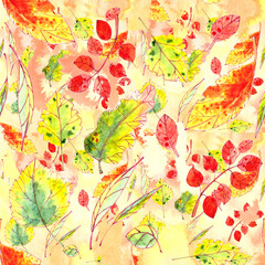 Naklejka na ściany i meble seamless pattern of autumn yellow, red, orange, green leaves on a textured yellow orange background. graphic color picture