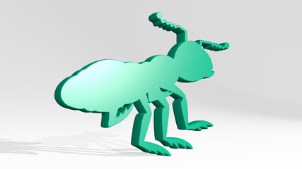ANT on the wall. 3D illustration of metallic sculpture over a white background with mild texture. sign and brick