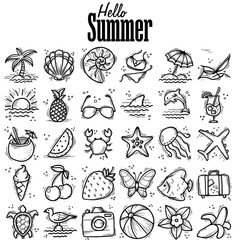 Set of icons and design elements for summer holidays and beach rest in doodle style