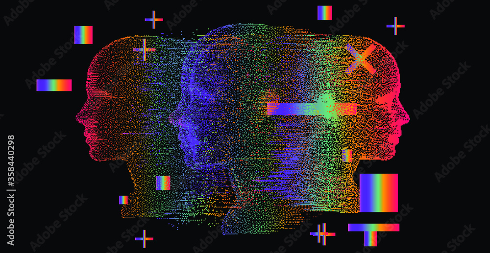 Poster artificial intelligence and virtual reality concept. 3d human head made of pixels in neon holographi