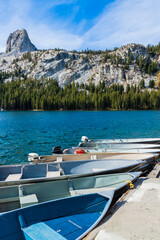 Small Fishing Boats on Lake George With Crystal Crag and Mammoth Crest in the Distance, Mammoth Lakes, California, USA