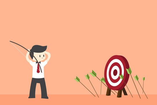 Businessman hit Many arrows missed target mark miss. Multiple failed hit archery target. Business challenge failure