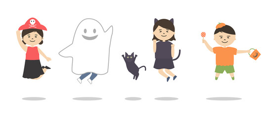 ハロウィンの仮装をしてジャンプをする子供たちのイラスト