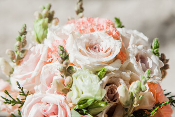 Bridal wedding fresh flowers bouquet on the sandy beach as decoration for tropical caribbean destination marriage matrimonial wedding ceremony in Dominican republic Punta Cana 