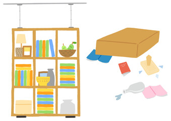 地震対策でつっぱり棒を設置している棚、地震対策しておらず倒れて物が散らばっている棚