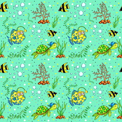 turquoise marine pattern with turquoise fish and seaweed