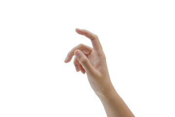 Close-up of woman's hand catching, touching or pointing to something isolated on white background