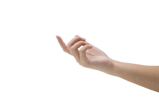 Close-up of woman's hand, index finger crooked isolated on white background, calling up, come here symbol