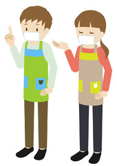 Illustration of male and female nursery teachers wearing an apron and mask
