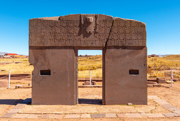 Sun Gate monolith with bas relief decorations of the Creator God Viracocha and a solar calendar,...