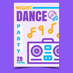 Night Dance Party Creative Promo Banner Vector. Record Player Electronic Equipment Playing Music For Dance Or Listening Musician Composition Advertising Poster. Concept Layout Style Color Illustration