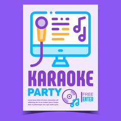 Karaoke Party Creative Promotional Poster Vector. Microphone And Song Text On Computer Display, Karaoke Music Club On Advertising Banner. Concept Template Stylish Colorful Illustration