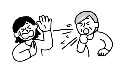 咳するシニア女性と嫌がる私服女性（シンプル）