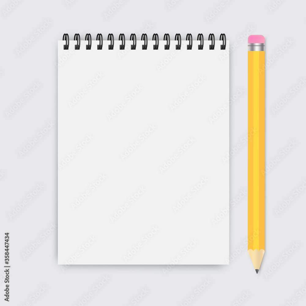 Poster pencil with a paper notebook. vector sheet notepad for notes. flat illustration of a page from a sch