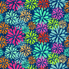 Seamless pattern colorful abstract flower with dark blue background